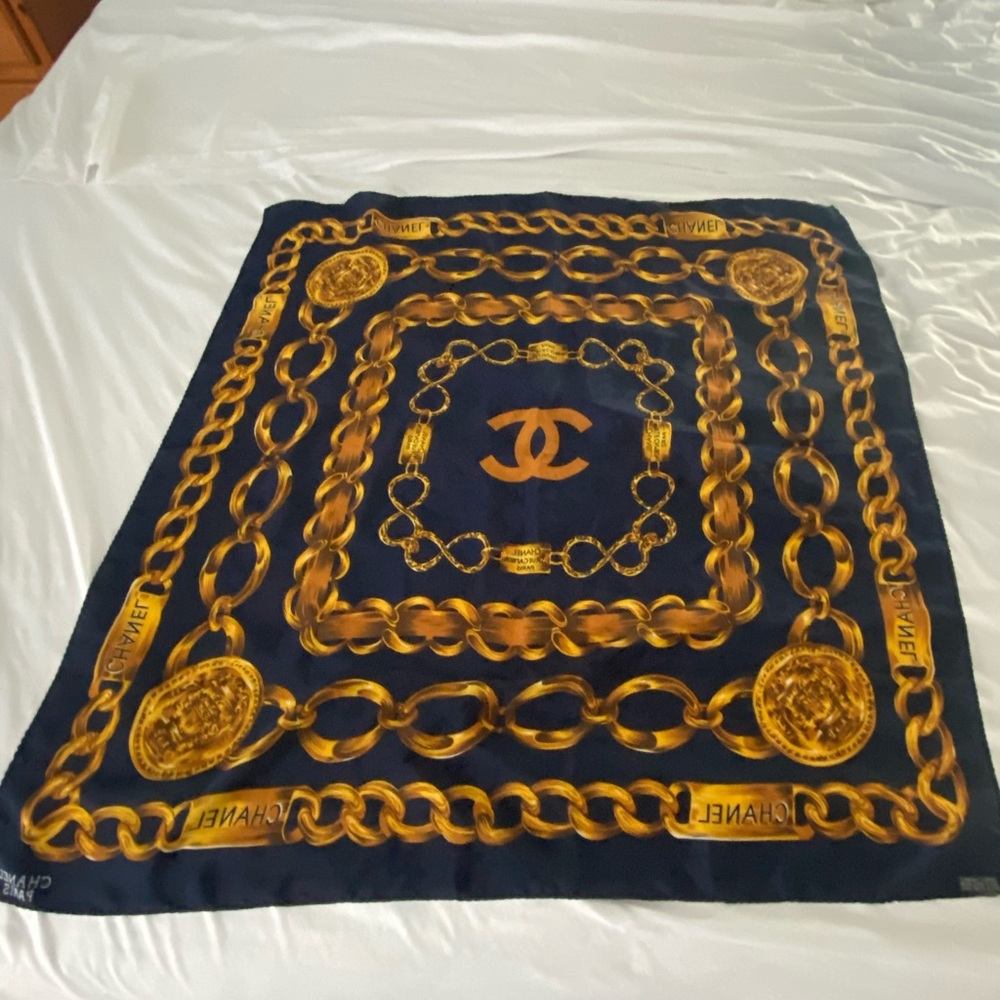 Chanel Navy and Gold Silk Scarf